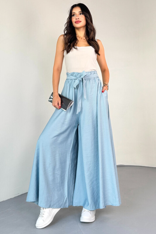 PNT-07410 Turkuaz Dokuma Kuşaklı Şalvar Etek Pantolon - 5