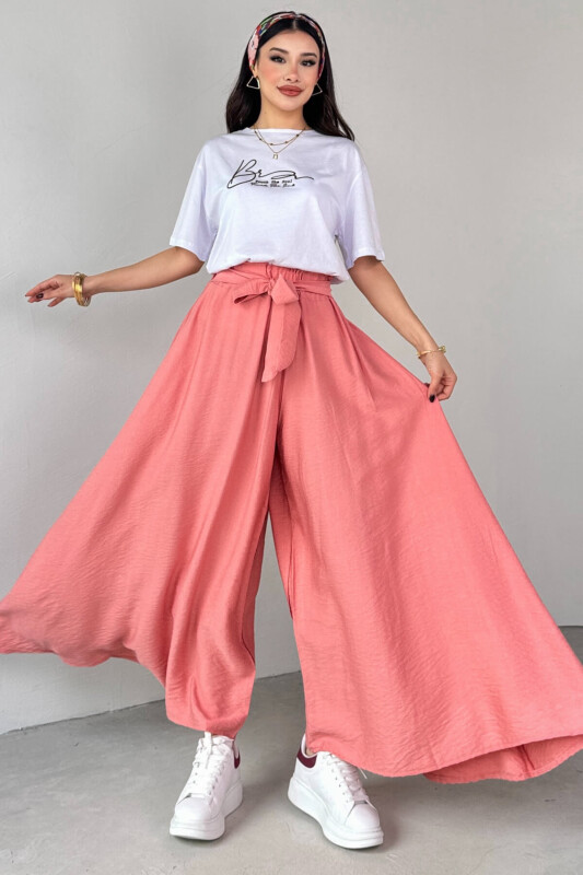 PNT-07410 Yavruağzı Dokuma Kuşaklı Şalvar Etek Pantolon - 4