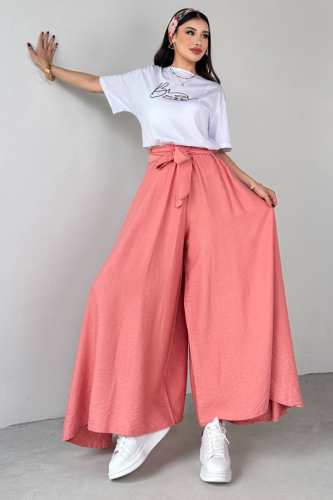 PNT-07410 Yavruağzı Dokuma Kuşaklı Şalvar Etek Pantolon - 7