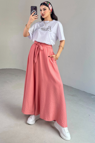 PNT-07410 Yavruağzı Dokuma Kuşaklı Şalvar Etek Pantolon - 11