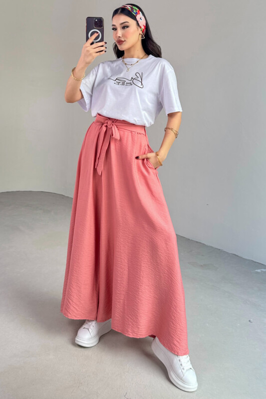 PNT-07410 Yavruağzı Dokuma Kuşaklı Şalvar Etek Pantolon - 11