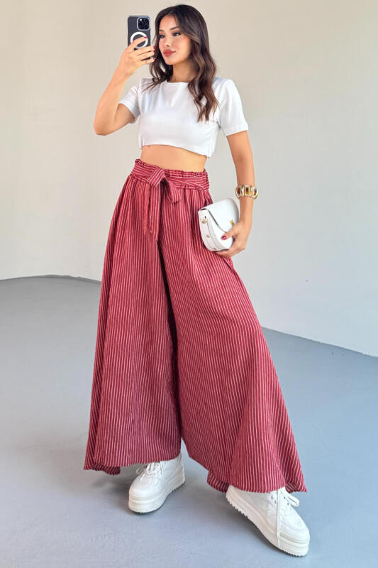 PNT-07411 Gül Kurusu Çizgili Dokuma Şalvar Etek Pantolon - 3