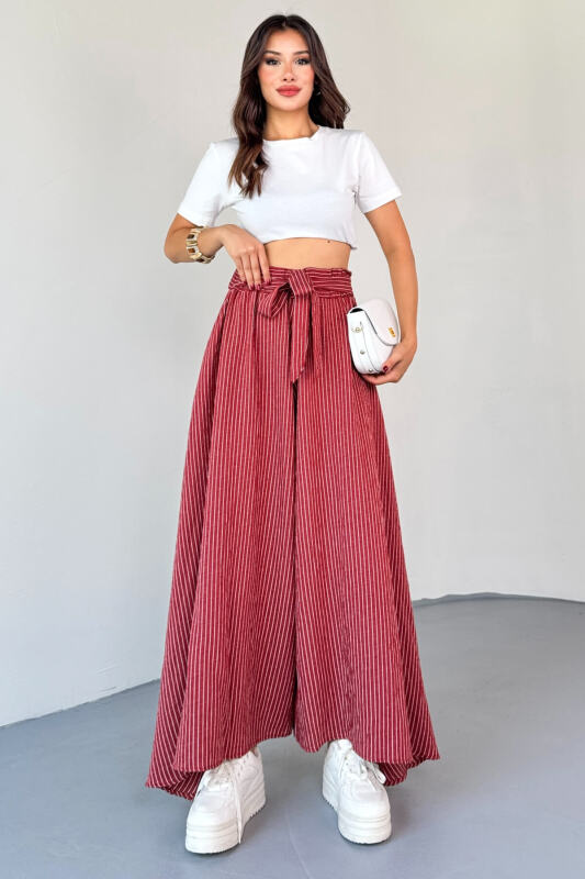 PNT-07411 Gül Kurusu Çizgili Dokuma Şalvar Etek Pantolon - 4