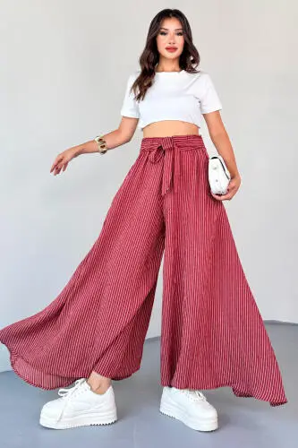 PNT-07411 Gül Kurusu Çizgili Dokuma Şalvar Etek Pantolon - 5