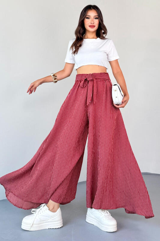 PNT-07411 Gül Kurusu Çizgili Dokuma Şalvar Etek Pantolon - 5