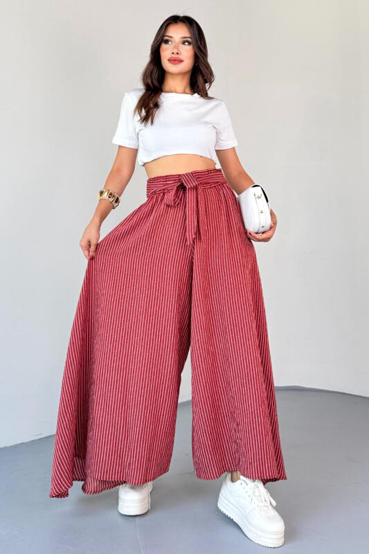 PNT-07411 Gül Kurusu Çizgili Dokuma Şalvar Etek Pantolon - 1