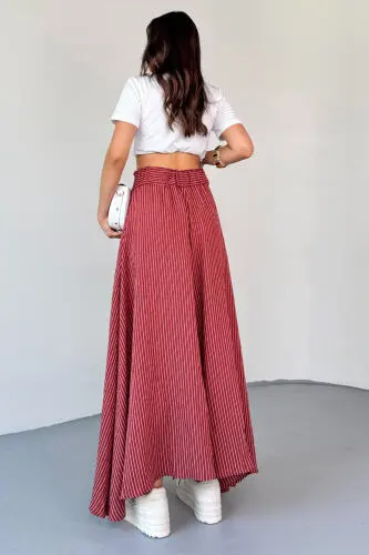 PNT-07411 Gül Kurusu Çizgili Dokuma Şalvar Etek Pantolon - 6