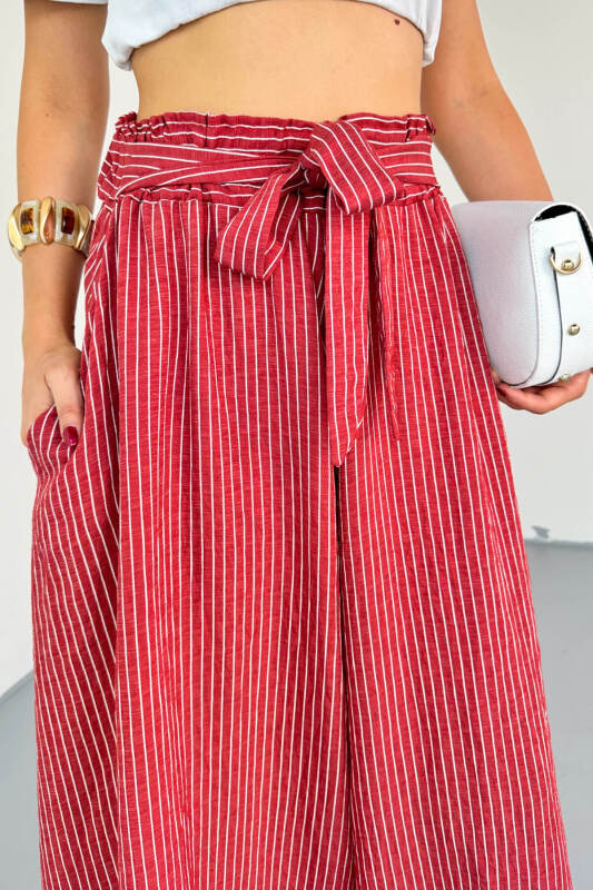 PNT-07411 Gül Kurusu Çizgili Dokuma Şalvar Etek Pantolon - 2