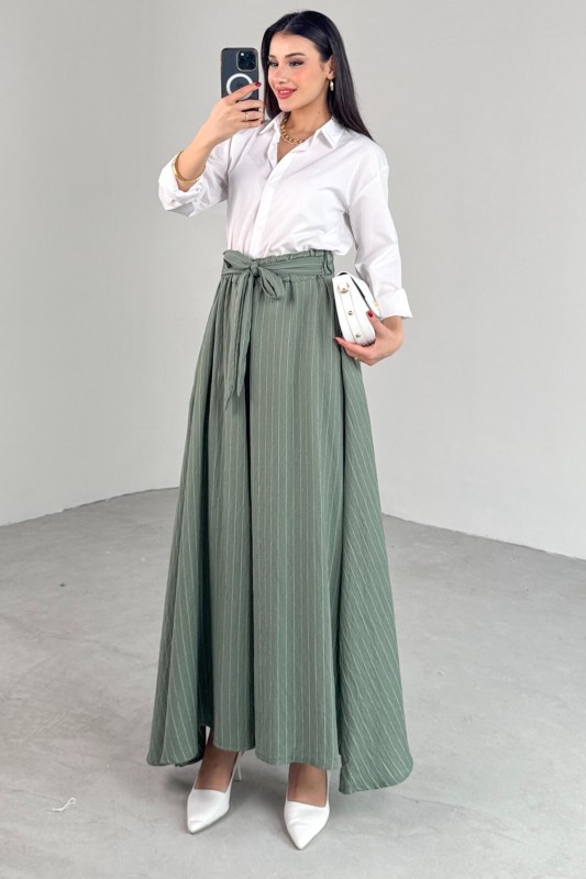 PNT-07411 Haki Çizgili Dokuma Şalvar Etek Pantolon - 4