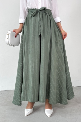 PNT-07411 Haki Çizgili Dokuma Şalvar Etek Pantolon - 3