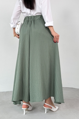PNT-07411 Haki Çizgili Dokuma Şalvar Etek Pantolon - 5