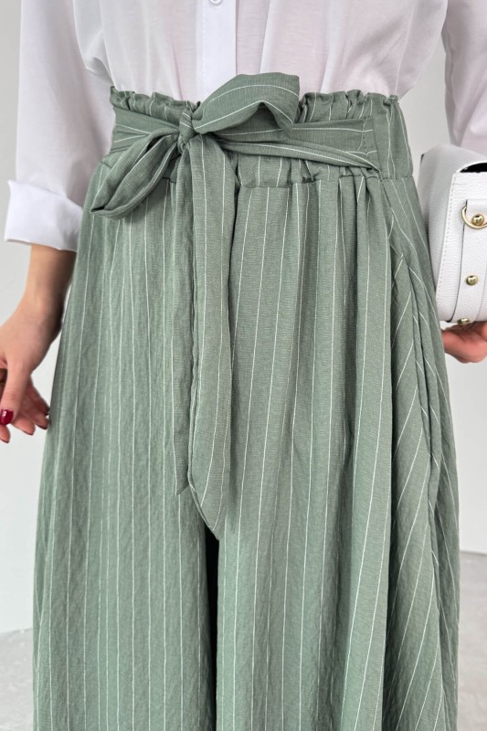 PNT-07411 Haki Çizgili Dokuma Şalvar Etek Pantolon - 6