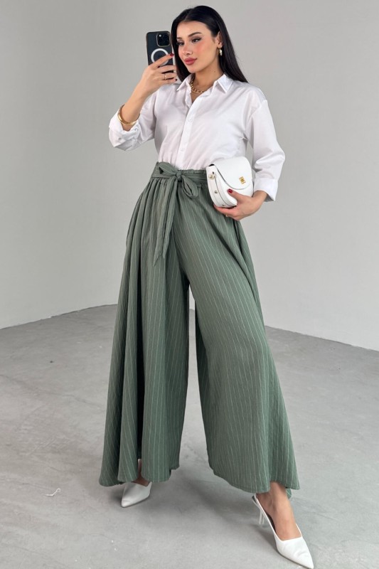PNT-07411 Haki Çizgili Dokuma Şalvar Etek Pantolon - 7