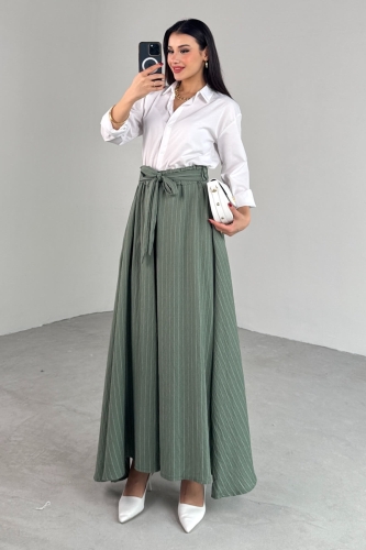 PNT-07411 Haki Çizgili Dokuma Şalvar Etek Pantolon - 8