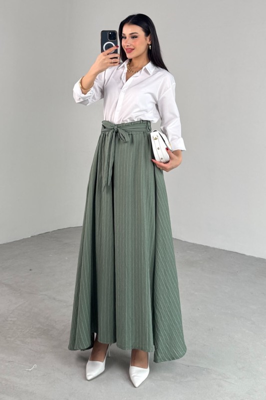 PNT-07411 Haki Çizgili Dokuma Şalvar Etek Pantolon - 8