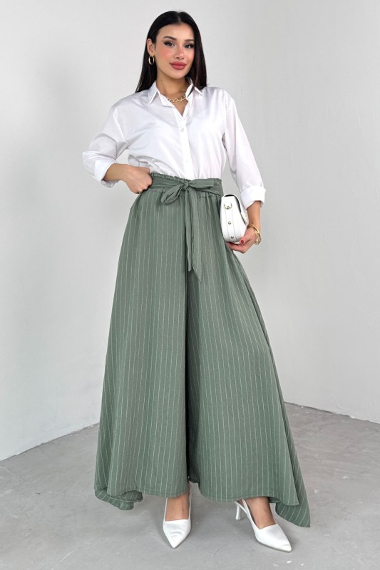 PNT-07411 Haki Çizgili Dokuma Şalvar Etek Pantolon - 1