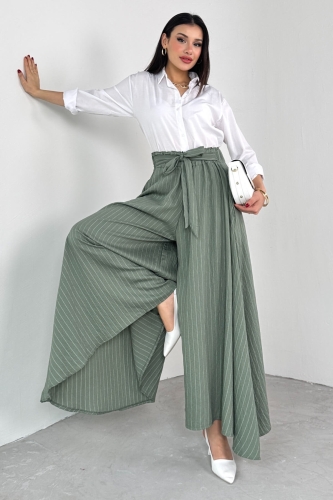 PNT-07411 Haki Çizgili Dokuma Şalvar Etek Pantolon - 2