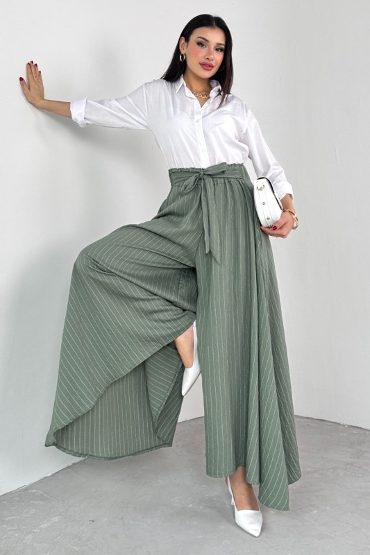 PNT-07411 Haki Çizgili Dokuma Şalvar Etek Pantolon - 2