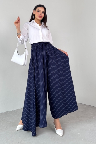 PNT-07411 Lacivert Çizgili Dokuma Şalvar Etek Pantolon - 3