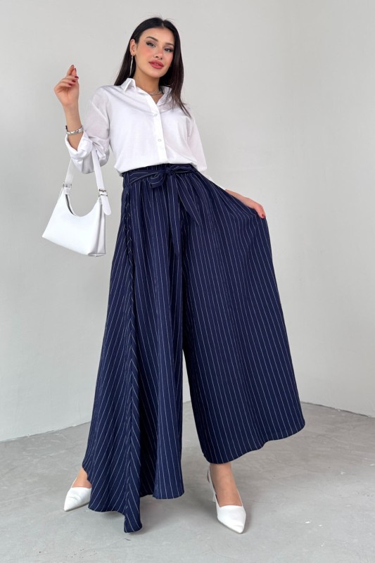 PNT-07411 Lacivert Çizgili Dokuma Şalvar Etek Pantolon - 3