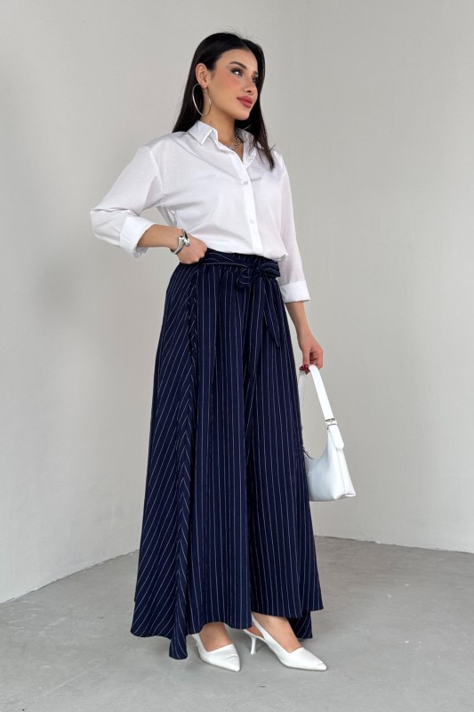 PNT-07411 Lacivert Çizgili Dokuma Şalvar Etek Pantolon - 4