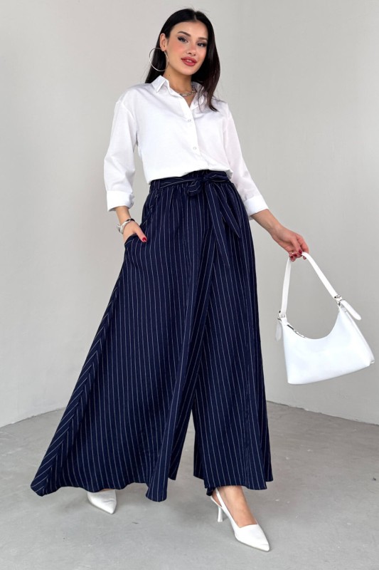 PNT-07411 Lacivert Çizgili Dokuma Şalvar Etek Pantolon - 1