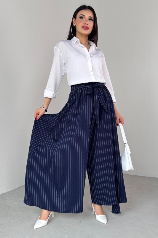 PNT-07411 Lacivert Çizgili Dokuma Şalvar Etek Pantolon - 5
