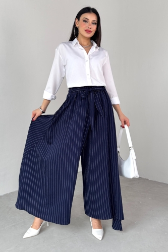 PNT-07411 Lacivert Çizgili Dokuma Şalvar Etek Pantolon - 6
