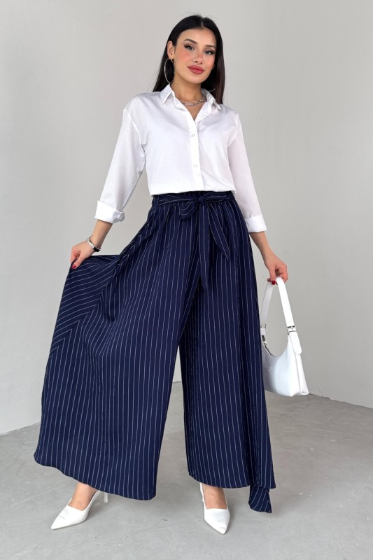 PNT-07411 Lacivert Çizgili Dokuma Şalvar Etek Pantolon - 6