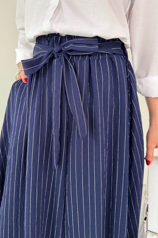 PNT-07411 Lacivert Çizgili Dokuma Şalvar Etek Pantolon - 7