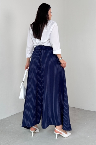 PNT-07411 Lacivert Çizgili Dokuma Şalvar Etek Pantolon - 8