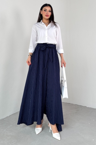 PNT-07411 Lacivert Çizgili Dokuma Şalvar Etek Pantolon - 2