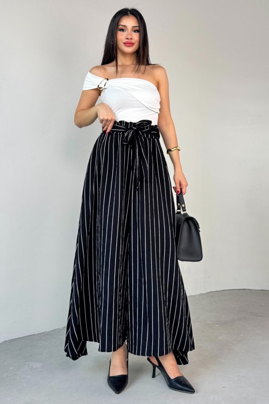 PNT-07411 Siyah Çizgili Dokuma Şalvar Etek Pantolon - 1