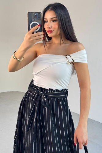 PNT-07411 Siyah Çizgili Dokuma Şalvar Etek Pantolon - 4