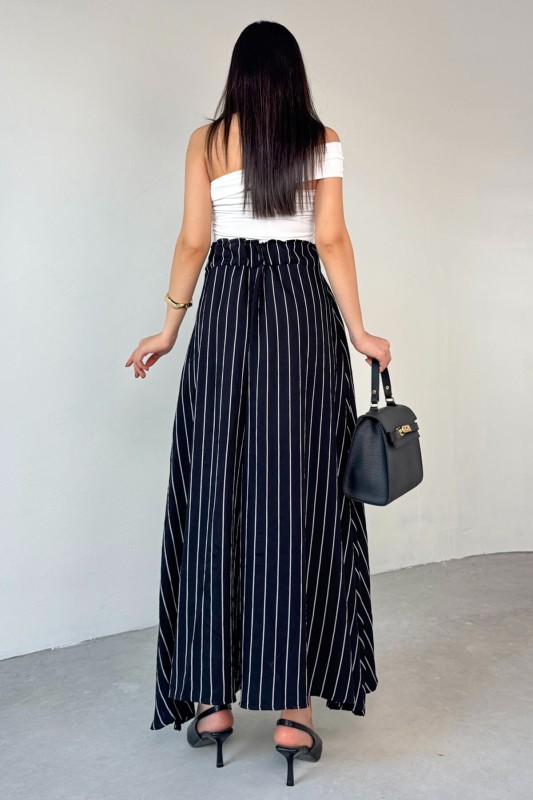 PNT-07411 Siyah Çizgili Dokuma Şalvar Etek Pantolon - 5