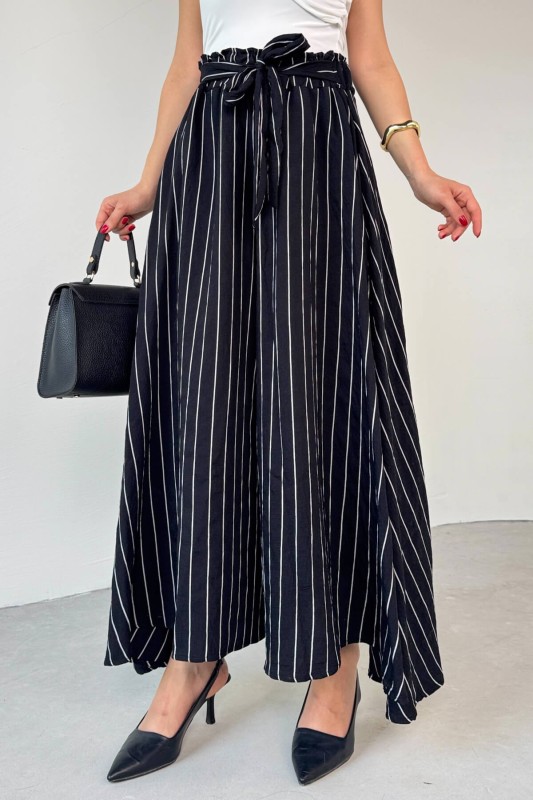 PNT-07411 Siyah Çizgili Dokuma Şalvar Etek Pantolon - 2