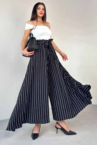 PNT-07411 Siyah Çizgili Dokuma Şalvar Etek Pantolon - 3