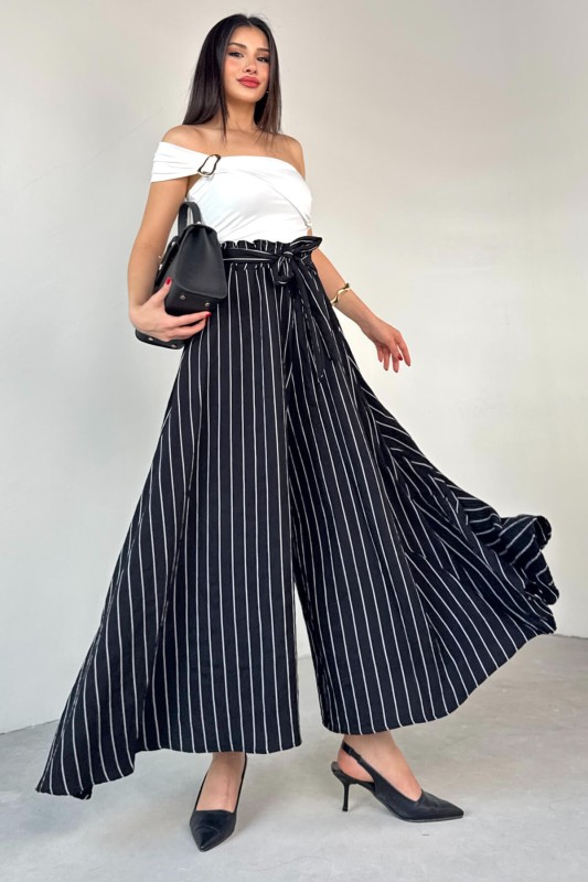 PNT-07411 Siyah Çizgili Dokuma Şalvar Etek Pantolon - 3