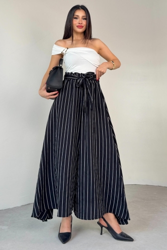 PNT-07411 Siyah Çizgili Dokuma Şalvar Etek Pantolon - 6