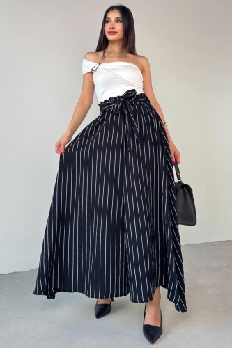 PNT-07411 Siyah Çizgili Dokuma Şalvar Etek Pantolon - 7