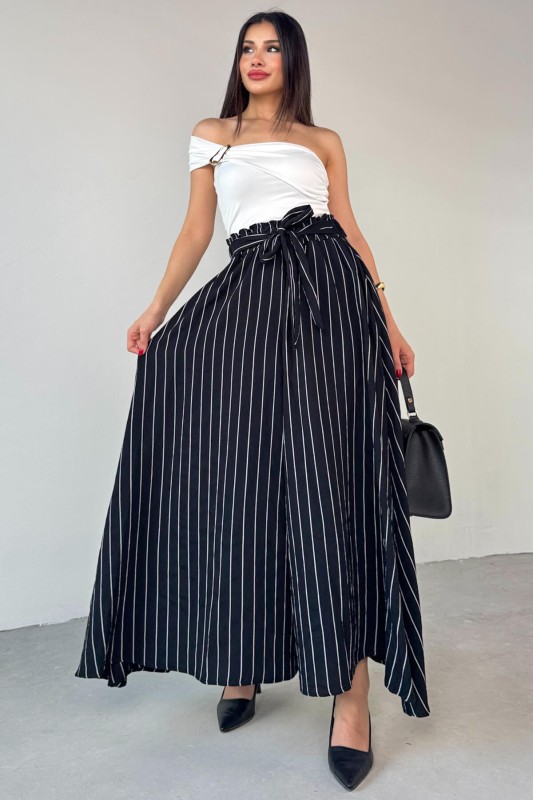 PNT-07411 Siyah Çizgili Dokuma Şalvar Etek Pantolon - 7