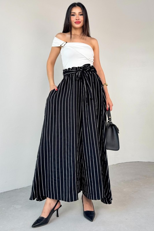 PNT-07411 Siyah Çizgili Dokuma Şalvar Etek Pantolon - 8