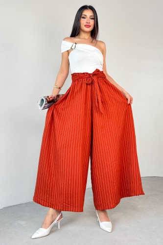 PNT-07411 Tarçın Çizgili Dokuma Şalvar Etek Pantolon - 4