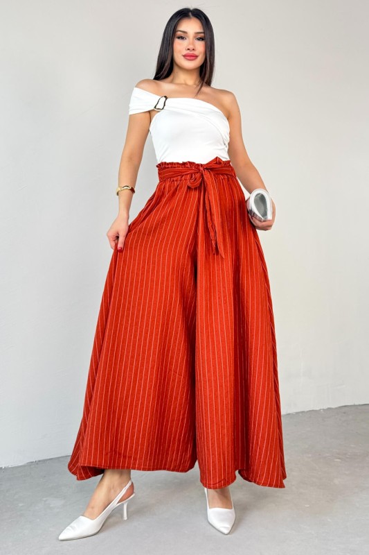 PNT-07411 Tarçın Çizgili Dokuma Şalvar Etek Pantolon - 5