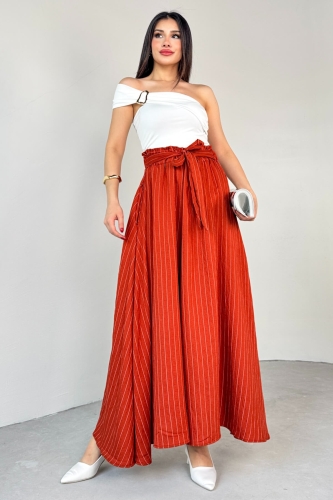 PNT-07411 Tarçın Çizgili Dokuma Şalvar Etek Pantolon - Cappmoda