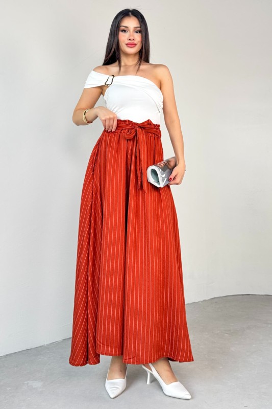 PNT-07411 Tarçın Çizgili Dokuma Şalvar Etek Pantolon - 6