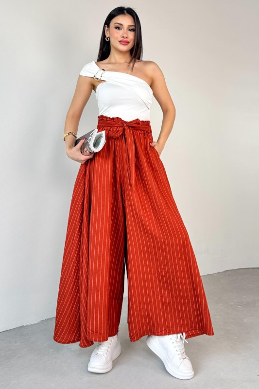 PNT-07411 Tarçın Çizgili Dokuma Şalvar Etek Pantolon - 7