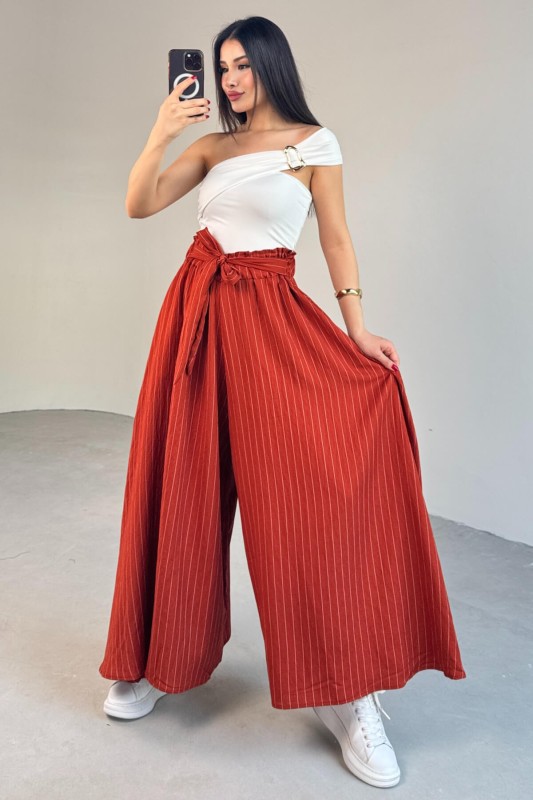 PNT-07411 Tarçın Çizgili Dokuma Şalvar Etek Pantolon - 8
