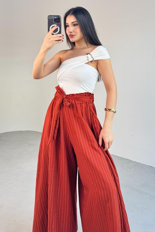 PNT-07411 Tarçın Çizgili Dokuma Şalvar Etek Pantolon - 10