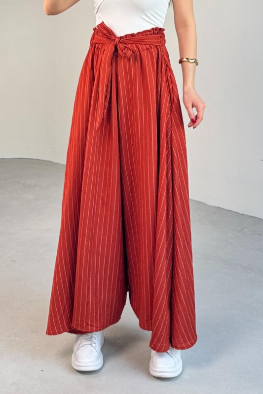 PNT-07411 Tarçın Çizgili Dokuma Şalvar Etek Pantolon - 3